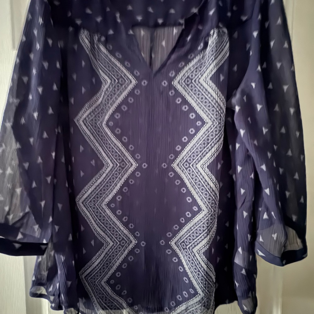 Maurices Navy Sheer Blouse with Geometric Design